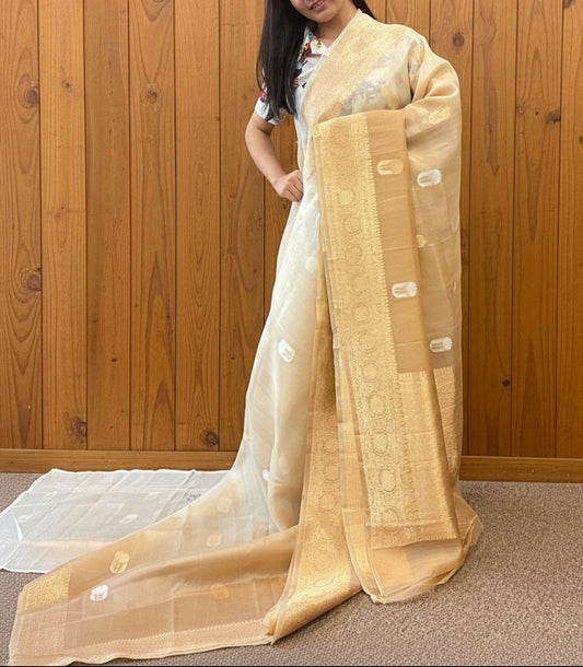 Pure Kora Banaras Ombre Silk Saree - Cream, Beige and Gold