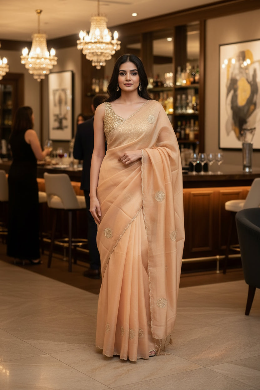 Pure Kora Silk saree with handwork - Beige