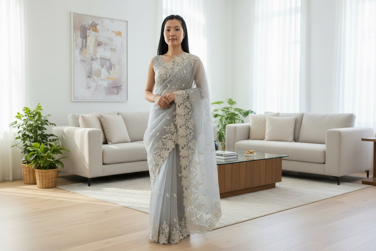 Gray Rose Floral - Organza saree in Gray embroidery