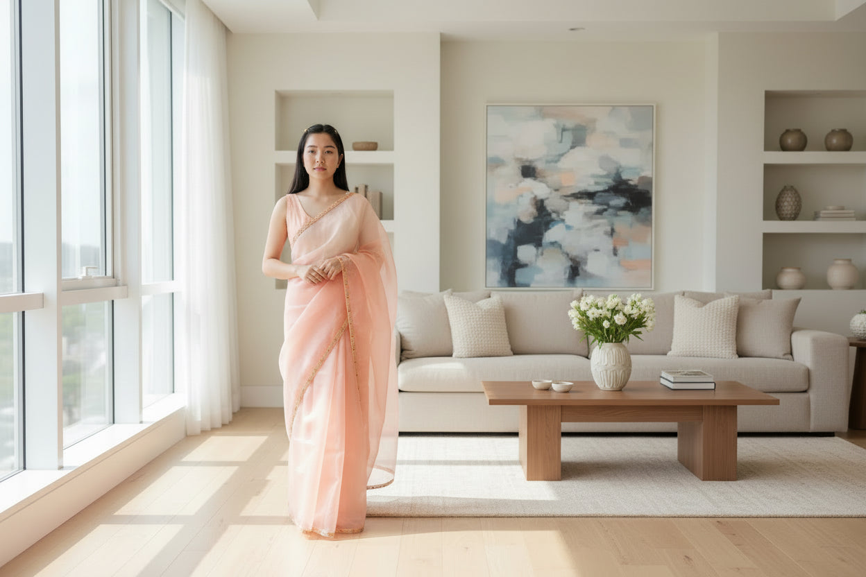 Organza Saree with Lace embellishment - Peach
