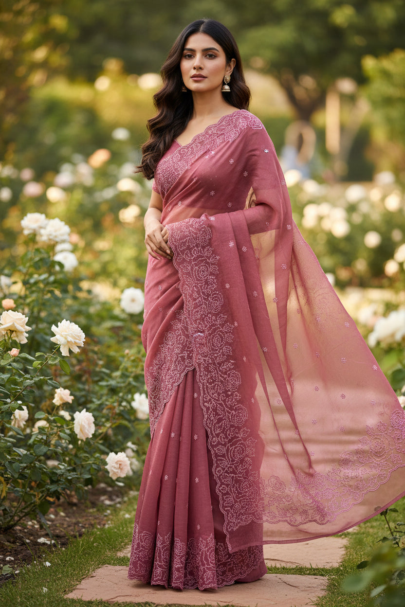 Maroon Rose Floral - Organza saree in Maroon with Floral Embroidery
