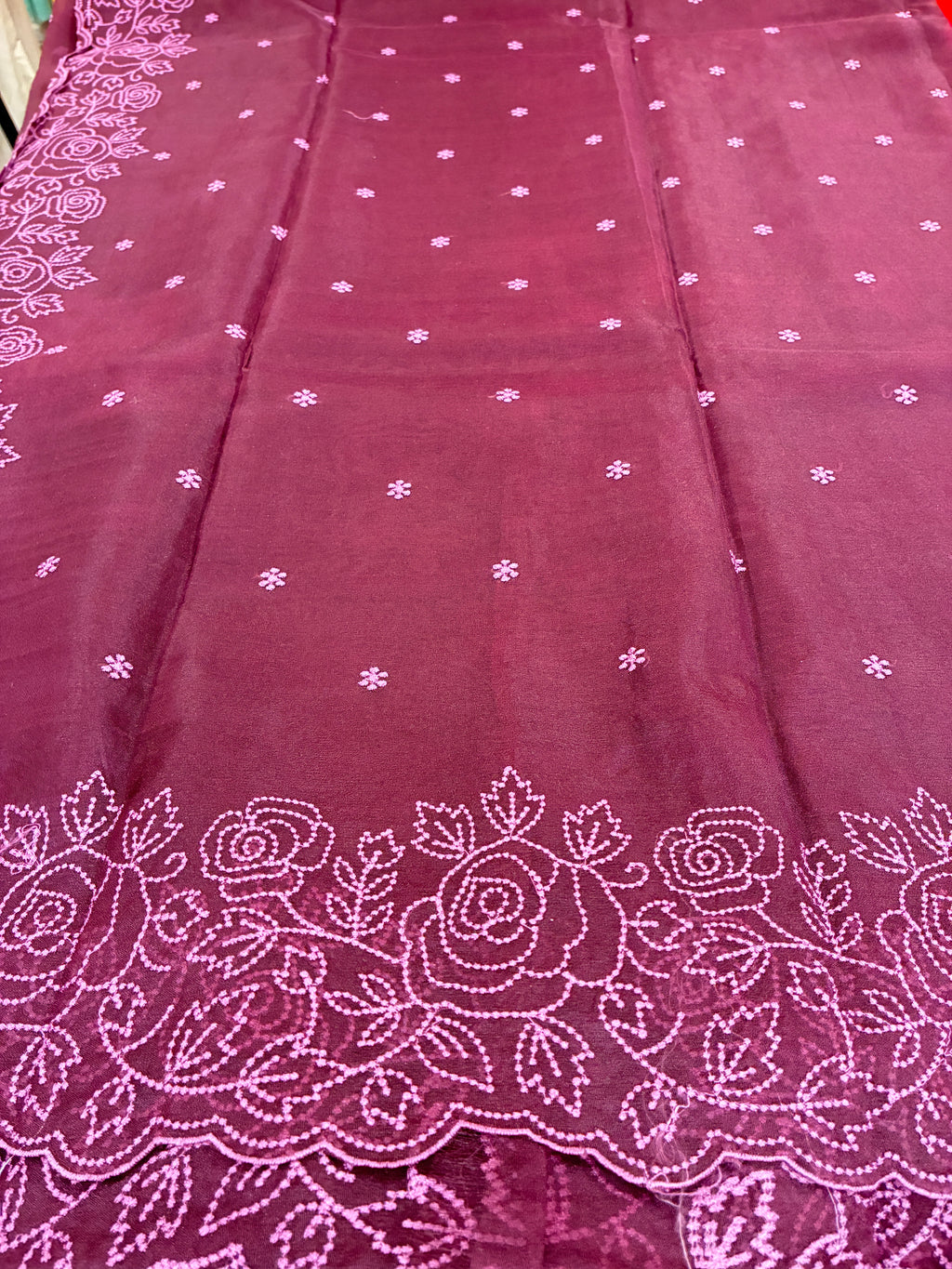 Maroon Rose Floral - Organza saree in Maroon with Floral Embroidery