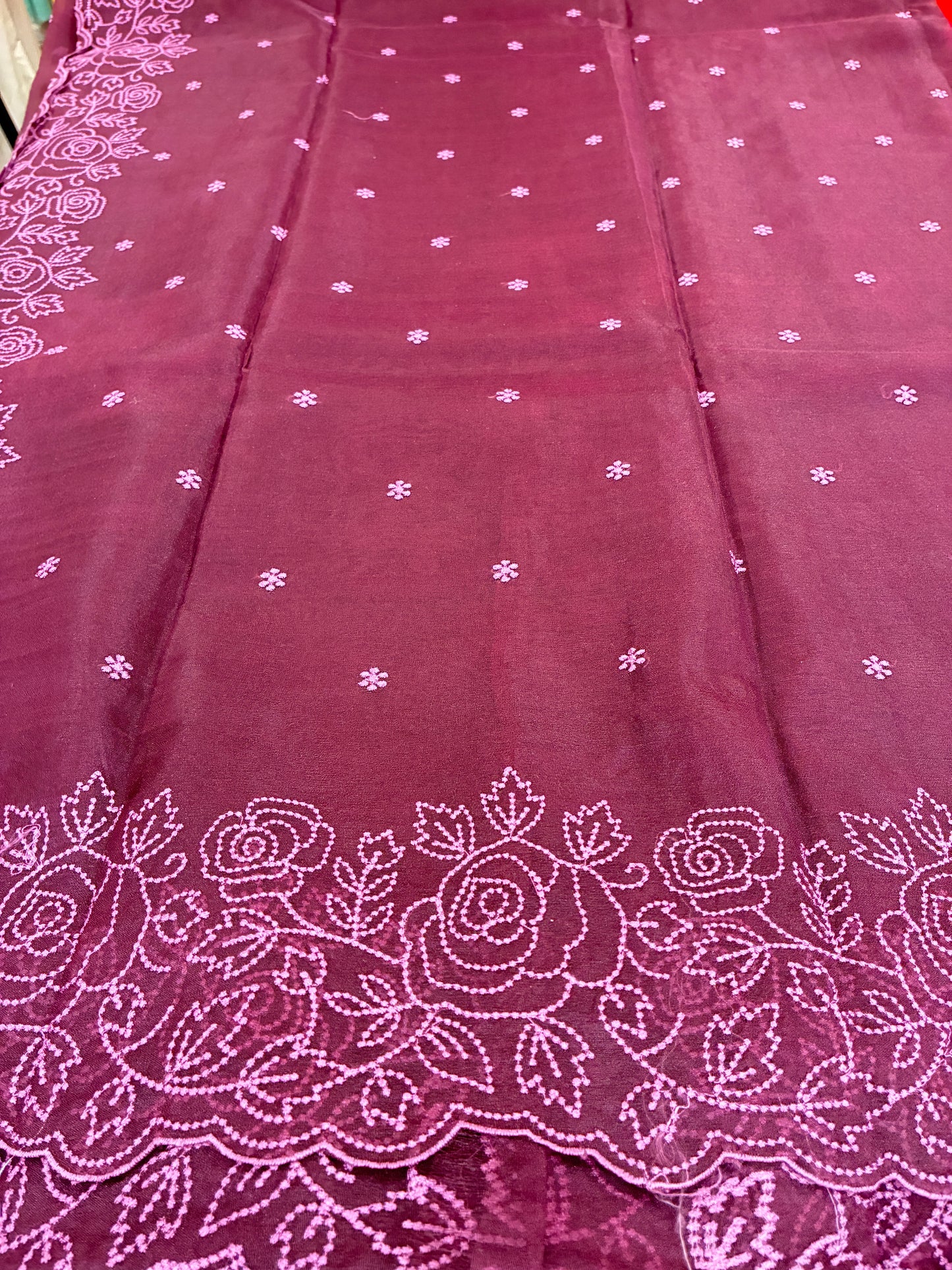 Maroon Rose Floral - Organza saree in Maroon with Floral Embroidery