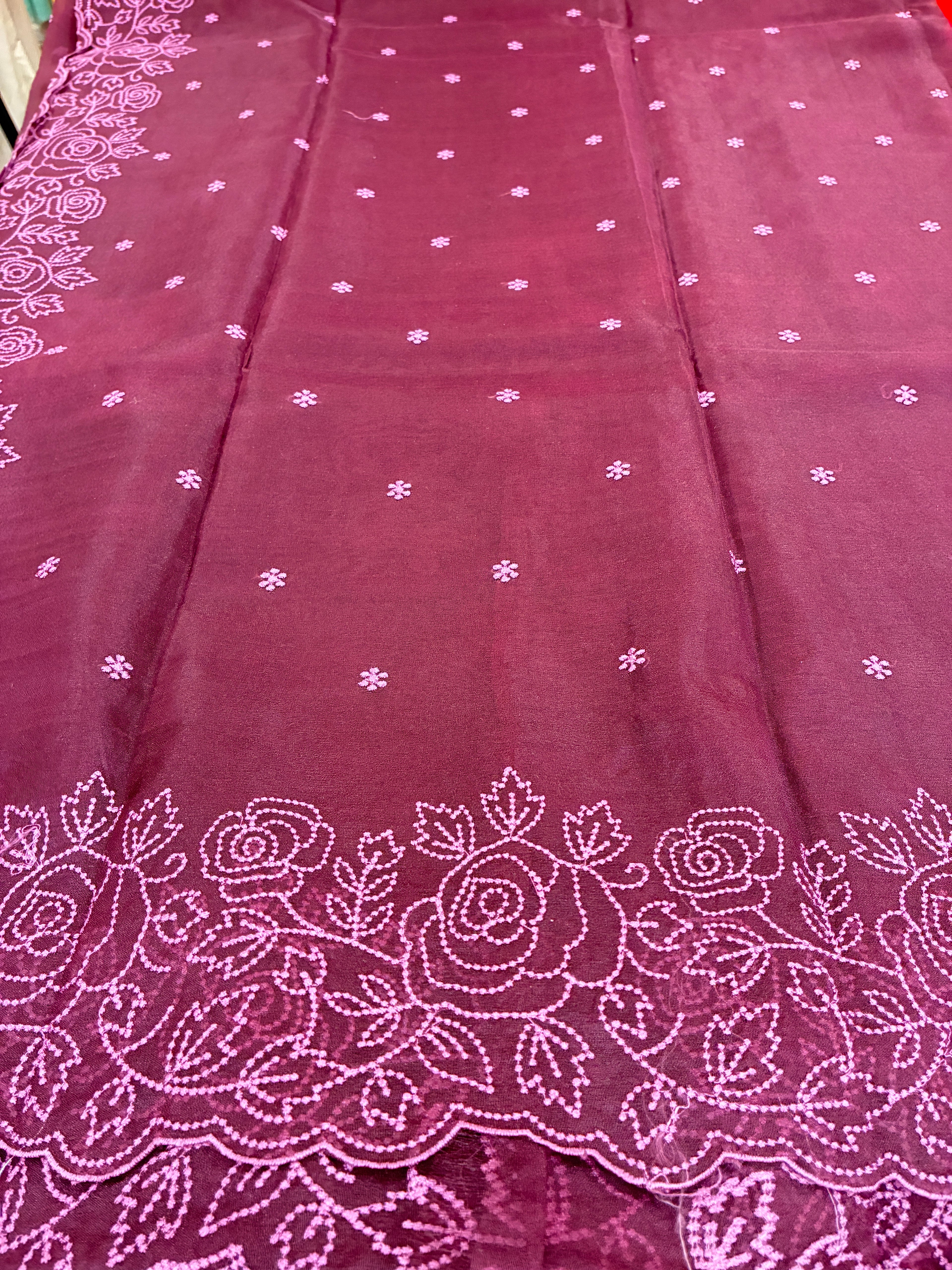 Maroon Rose Floral - Organza saree in Maroon with Floral Embroidery