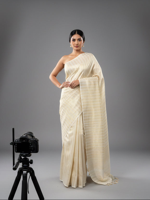 Plain Tissue Saree - Cream with vertical lines