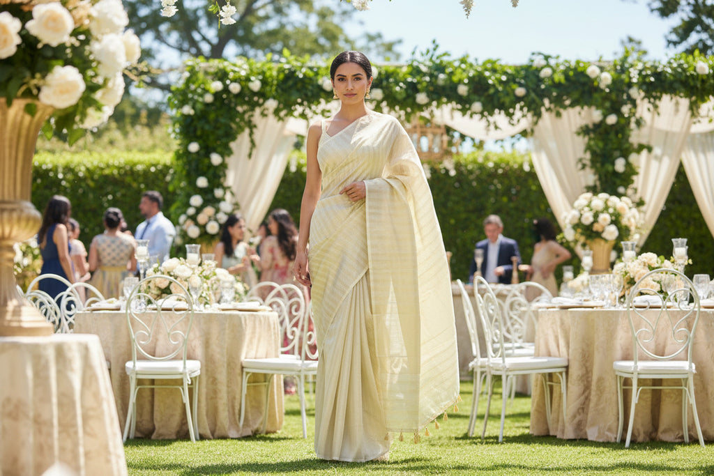 Plain Tissue Saree - Cream with vertical lines