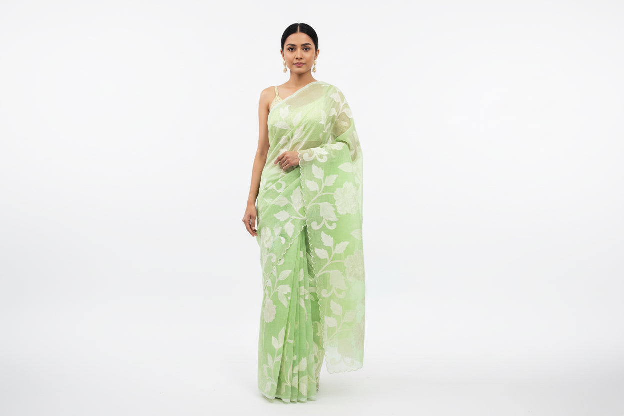 Soft Kota embroidery saree - Parrot Green