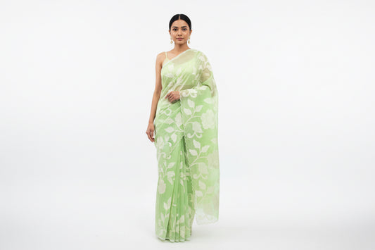 Soft Kota embroidery saree - Parrot Green