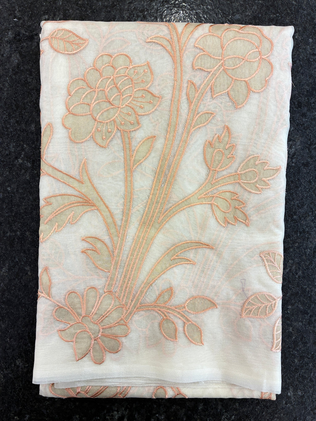 Organza Appliqué Floral Saree - Cream and peach work