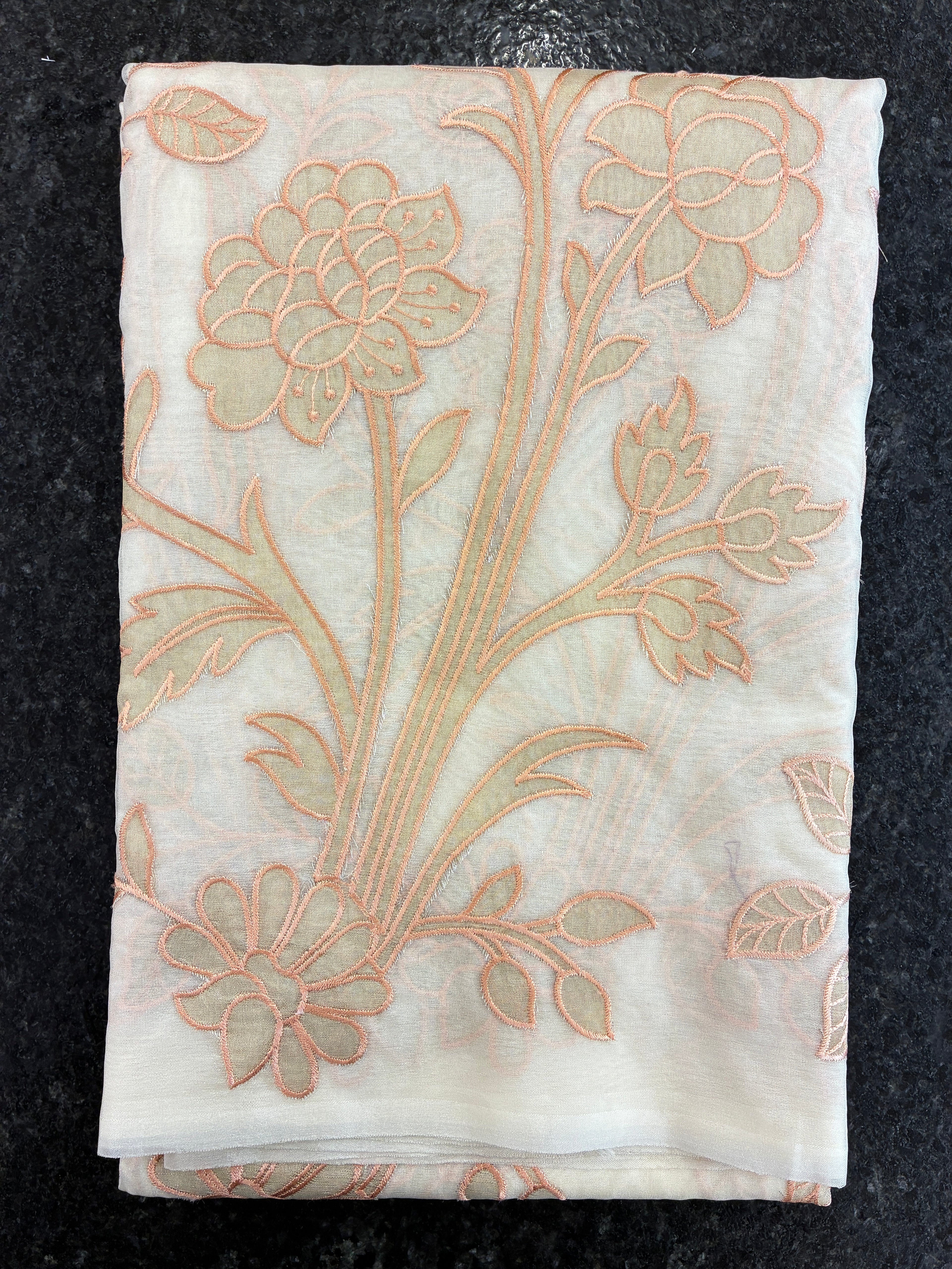 Organza Appliqué Floral Saree - Cream and peach work