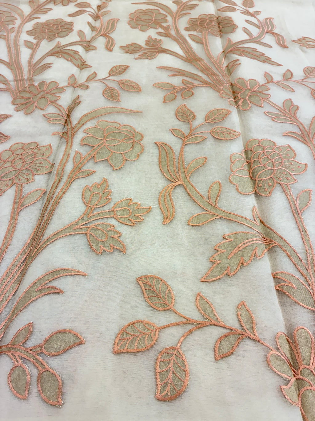 Organza Appliqué Floral Saree - Cream and peach work
