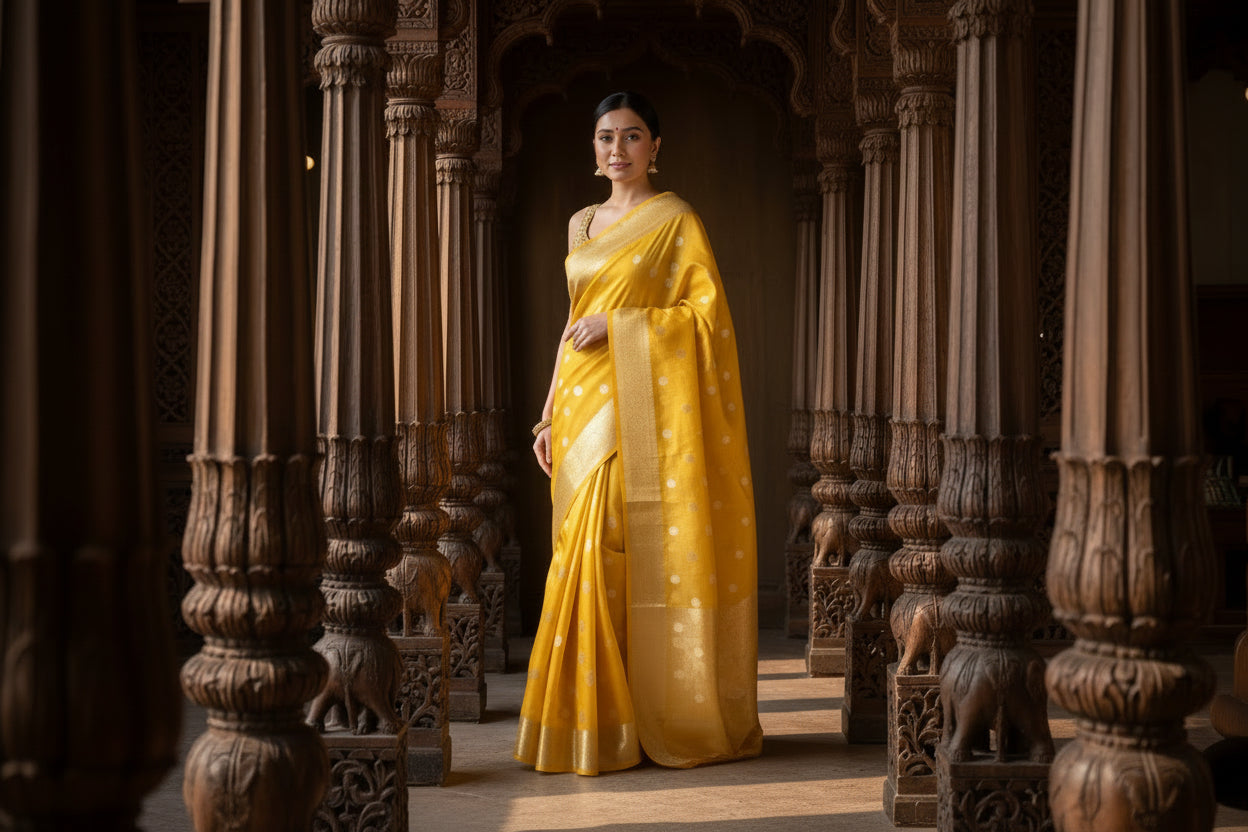 Glam tissue saree with Meena buttas - Yellow Gold
