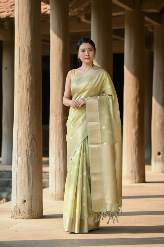 Glam tissue saree with Meena buttas - Pastel green