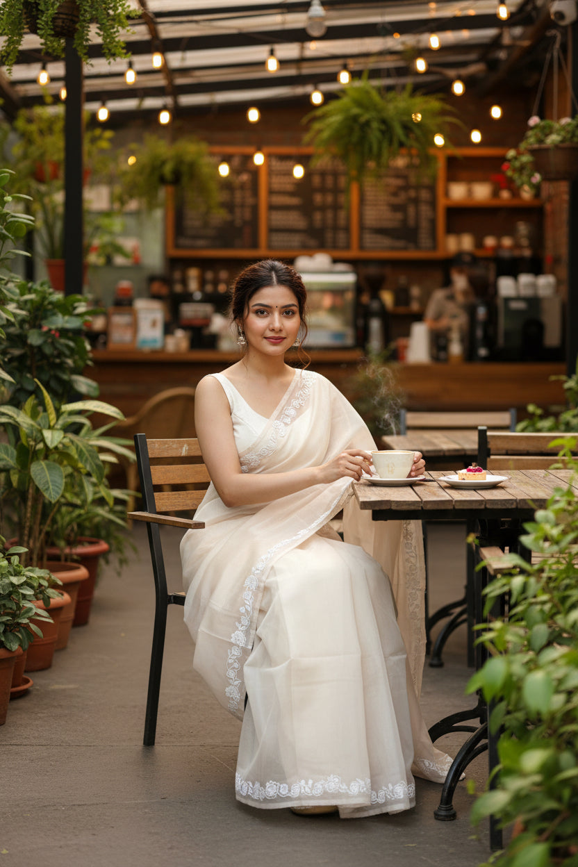 Peach simple rose organza saree