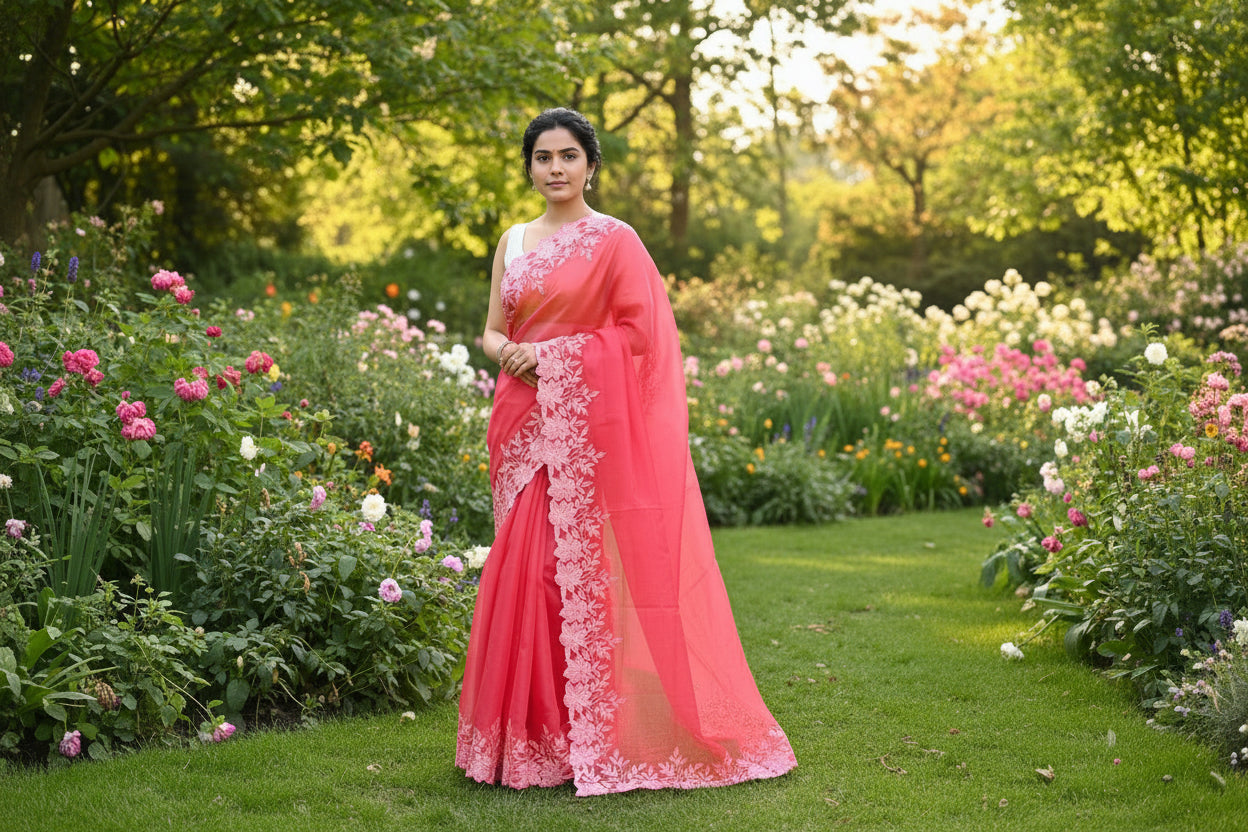 Pink Rose Floral - Organza saree in with embroidery and cut work