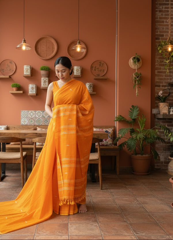 Pure Mul Cotton Saree with Jamdhani handwork - Orange