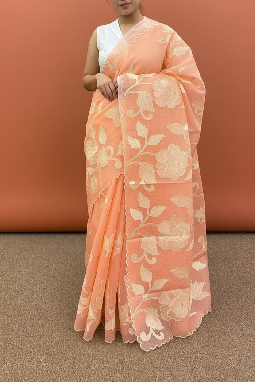 Soft Kota embroidery saree - Peachish Pink