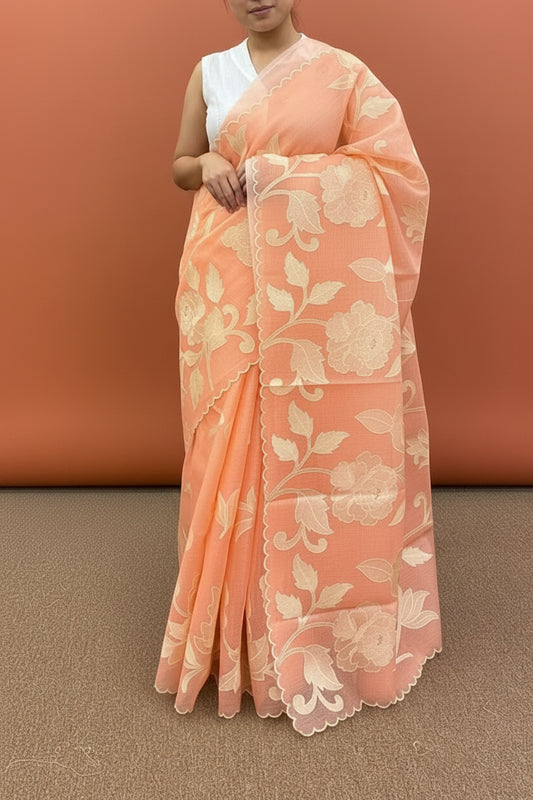 Soft Kota embroidery saree - Peachish Pink
