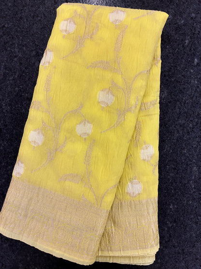 Banarasi Crush Cotton Saree - Neon Yellow