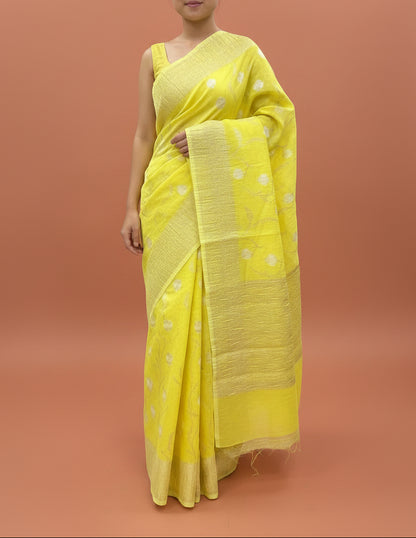Banarasi Crush Cotton Saree - Neon Yellow