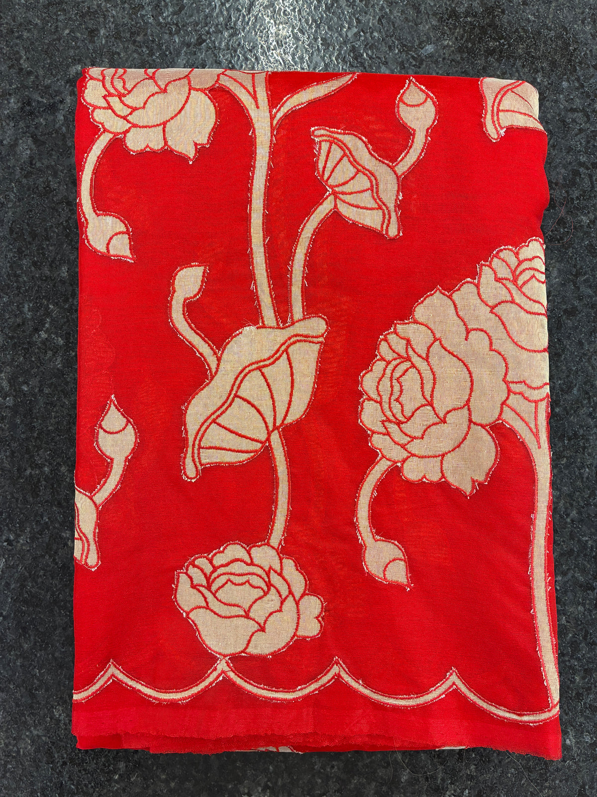 Organza Appliqué Floral Saree - Bright Red