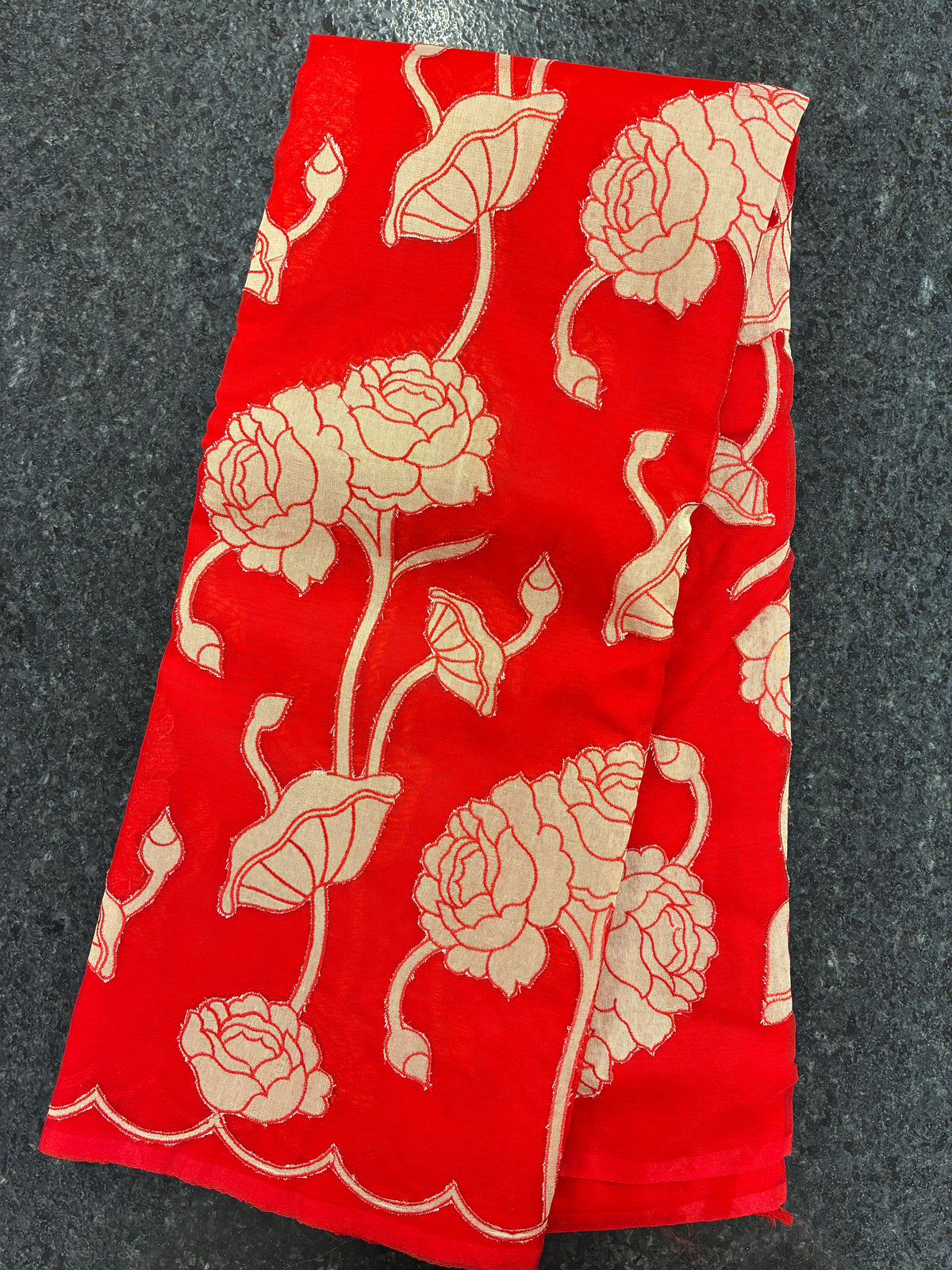 Organza Appliqué Floral Saree - Bright Red