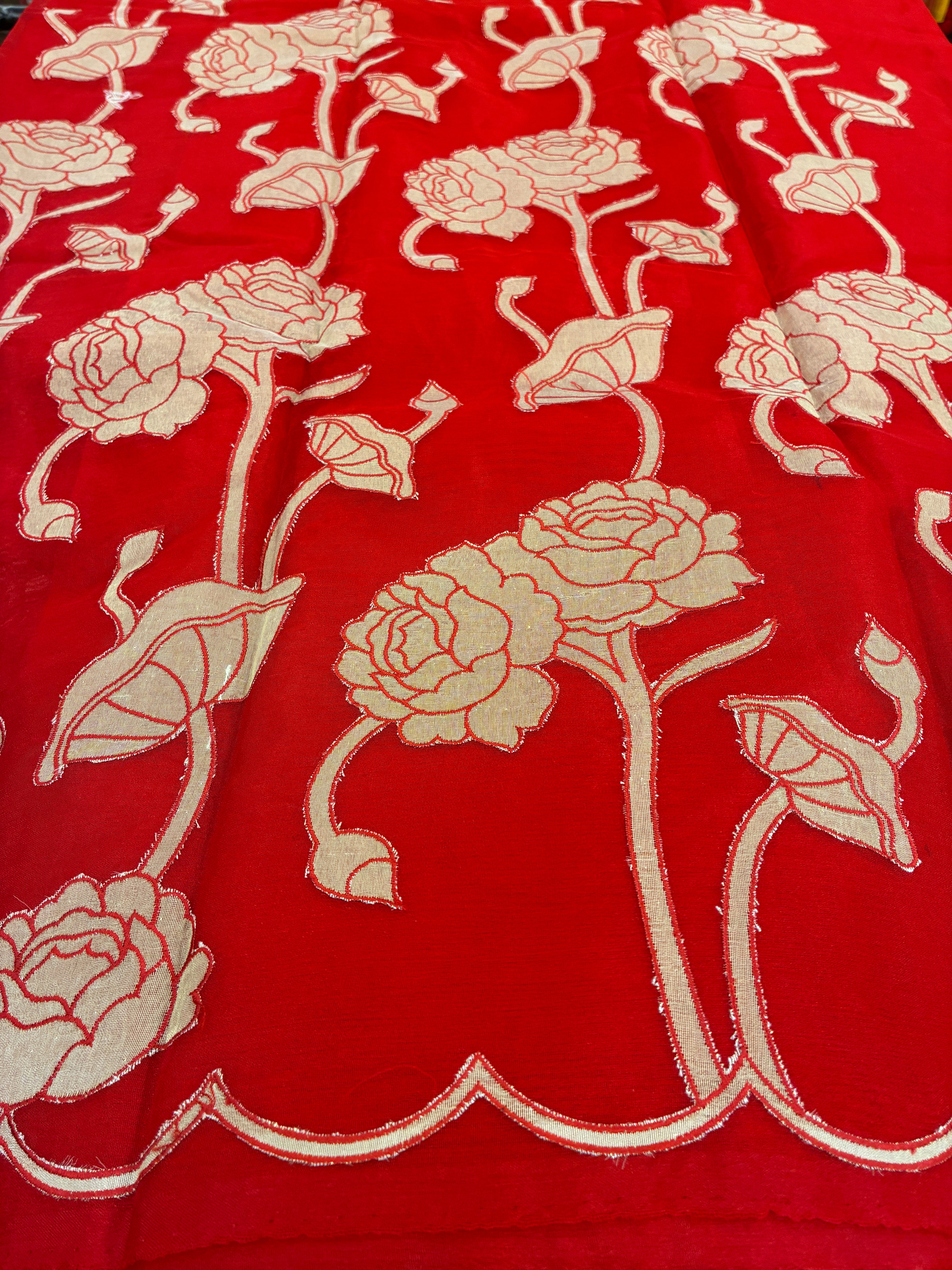 Organza Appliqué Floral Saree - Bright Red