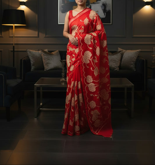 Organza Appliqué Floral Saree - Bright Red