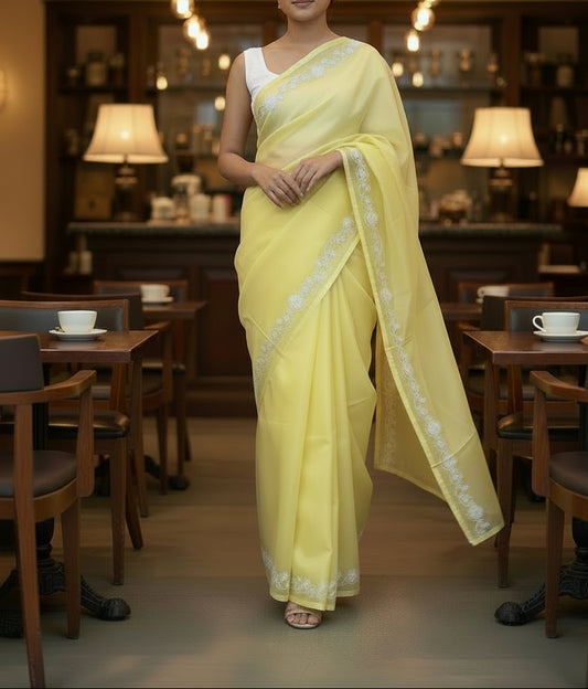 Yellow + Green simple rose organza saree