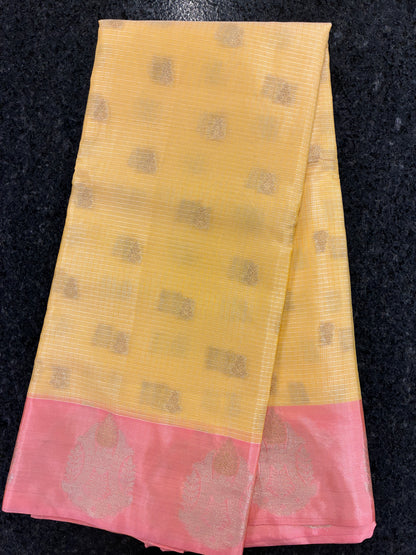 Soft Kota silk Banarasi Weaving with Satin border saree - Light Yellow and Pink