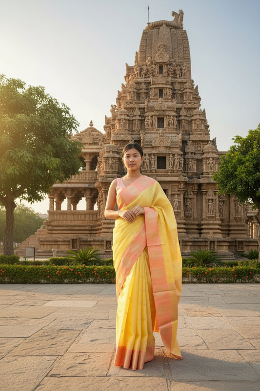 Soft Kota silk Banarasi Weaving with Satin border saree - Light Yellow and Pink