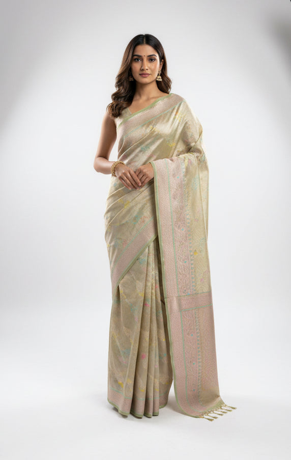 Glam tissue saree with Meena Jalis and Thread work - Pastel green and Gold