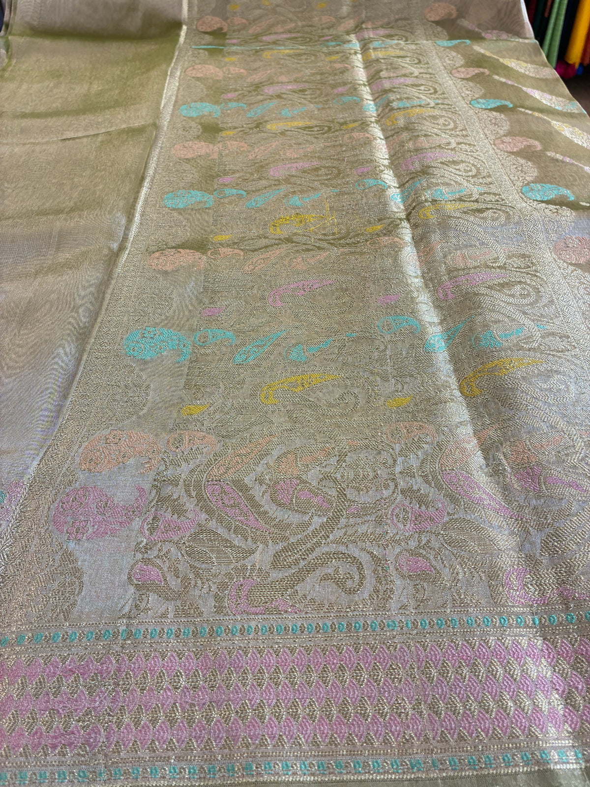 Glam tissue saree with Meena Jalis and Thread work - Pastel green and Gold