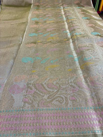 Glam tissue saree with Meena Jalis and Thread work - Pastel green and Gold