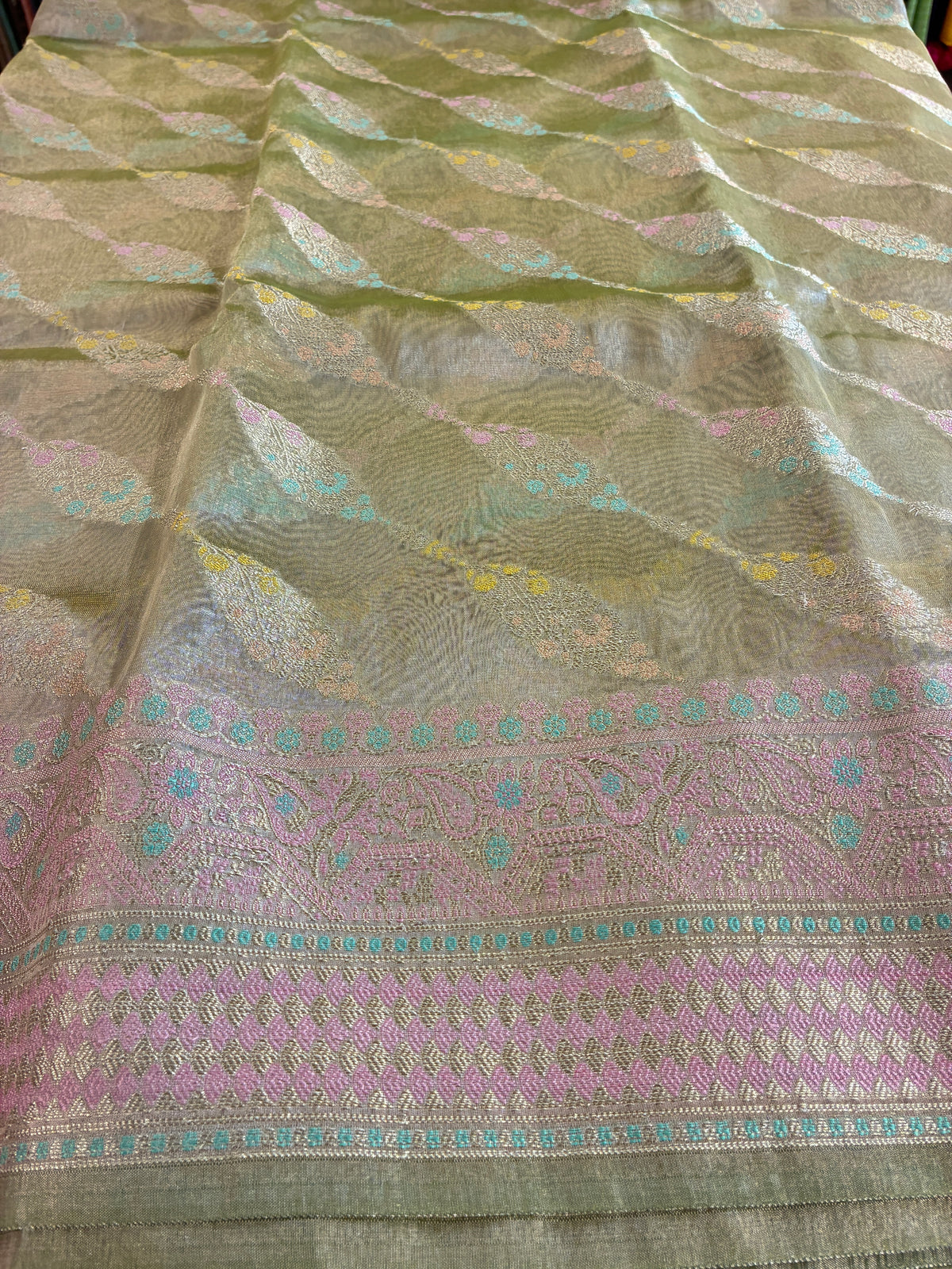 Glam tissue saree with Meena Jalis and Thread work - Pastel green and Gold