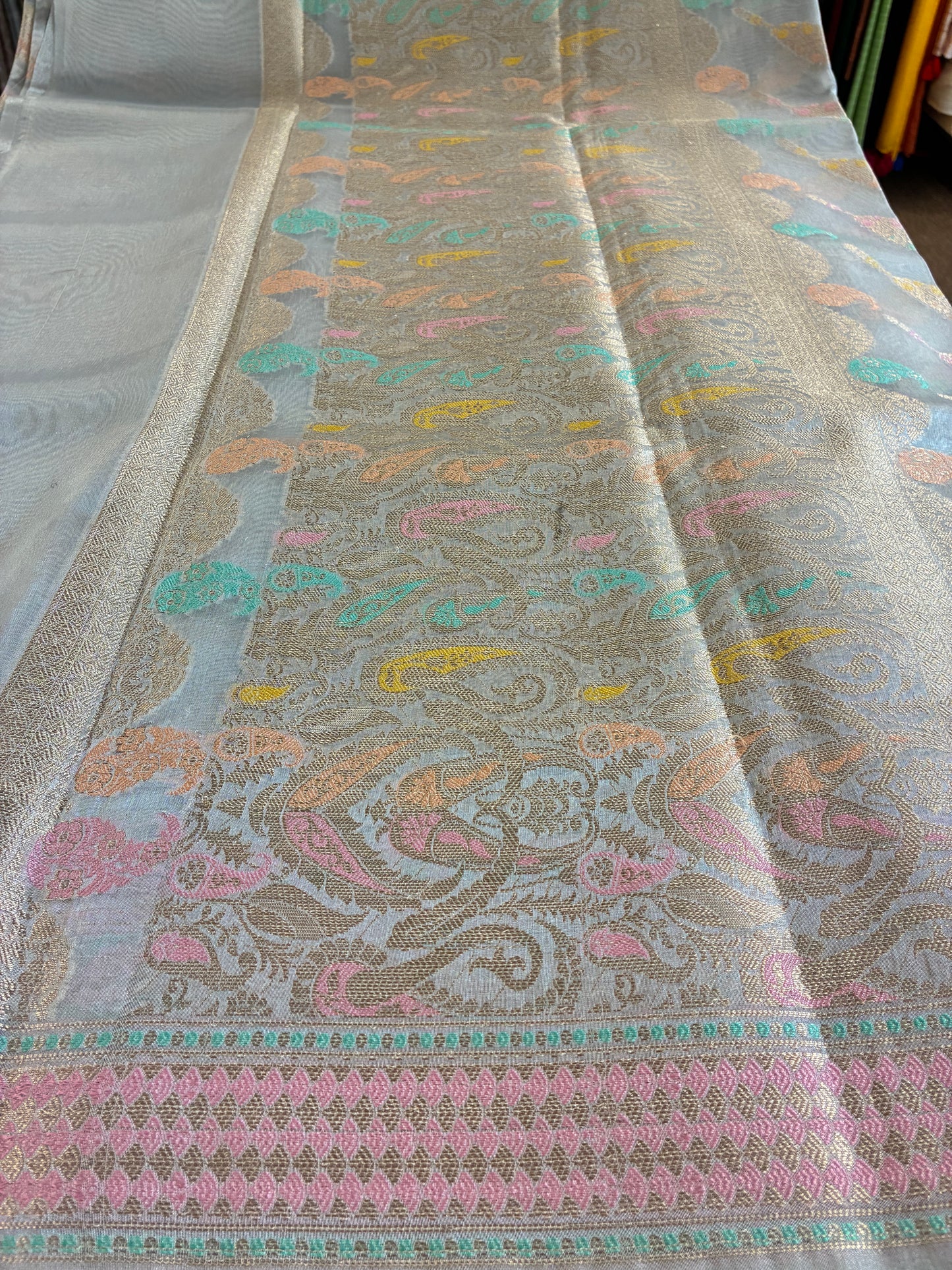 Glam tissue saree with Meena Jalis and Thread work - Pastel Sky blue