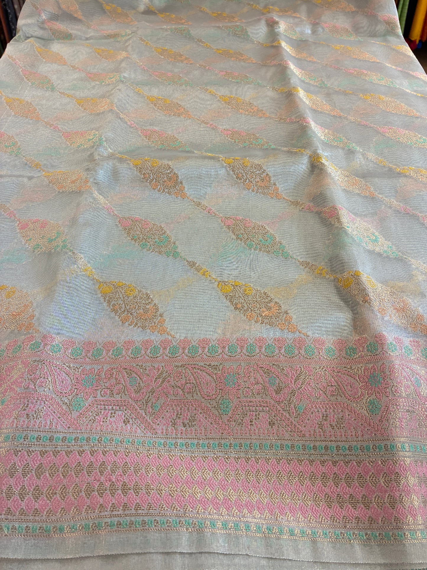 Glam tissue saree with Meena Jalis and Thread work - Pastel Sky blue