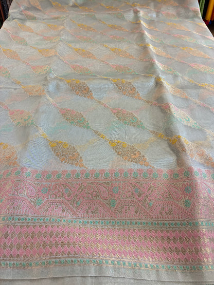 Glam tissue saree with Meena Jalis and Thread work - Pastel Sky blue