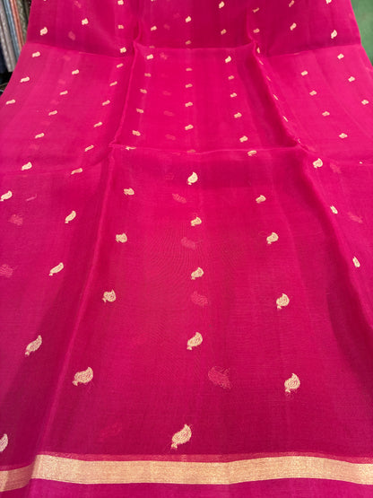 Pure Organza Silk with simple border - Rani Pink