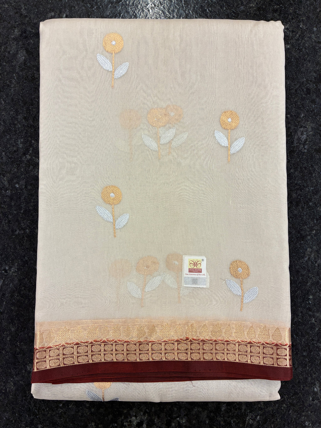 Pure Organza Silk with Contrast border and Pallu - Off white and Brown