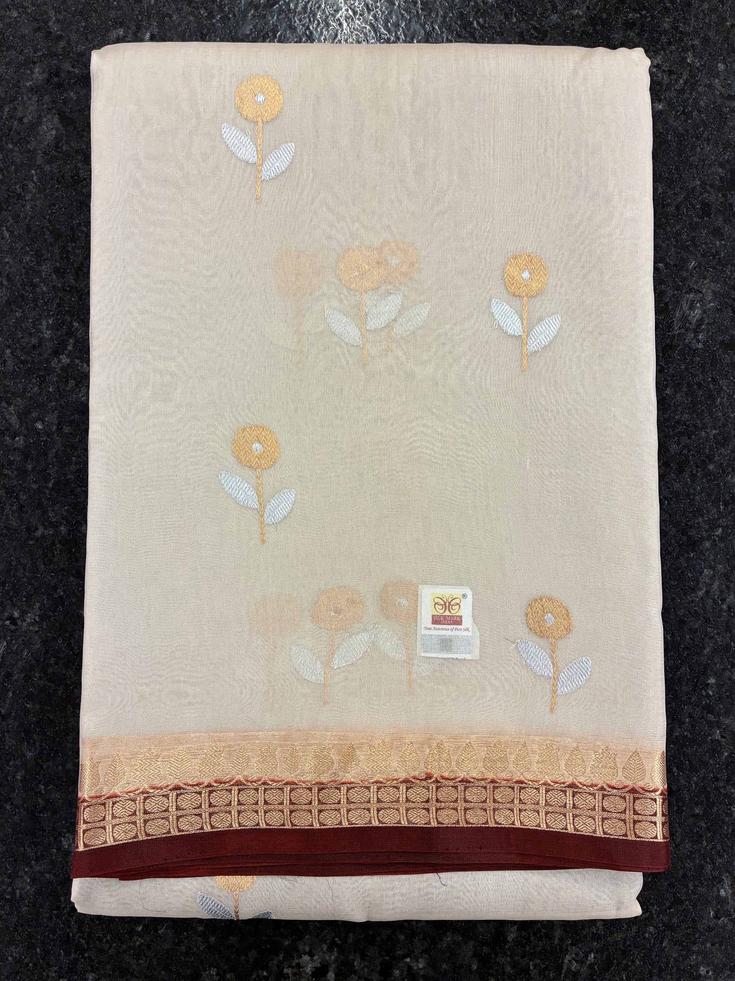 Pure Organza Silk with Contrast border and Pallu - Off white and Brown