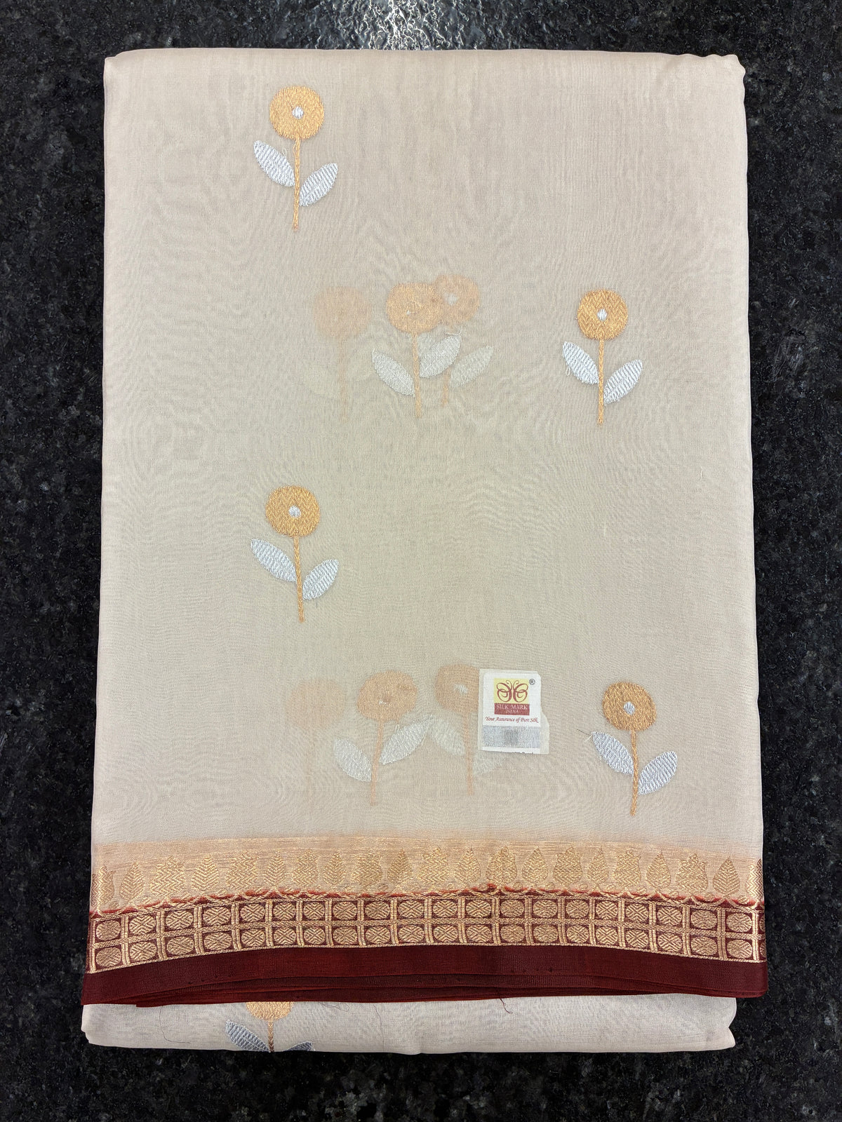 Pure Organza Silk with Contrast border and Pallu - Off white and Brown