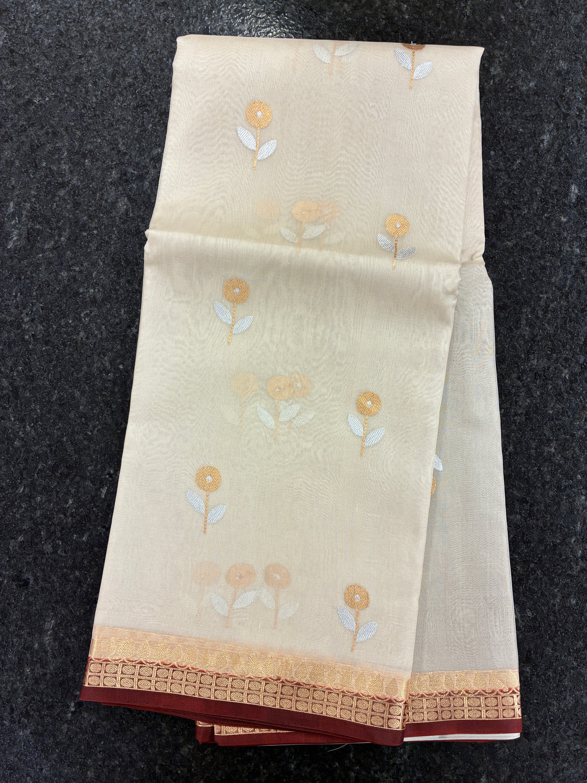 Pure Organza Silk with Contrast border and Pallu - Off white and Brown