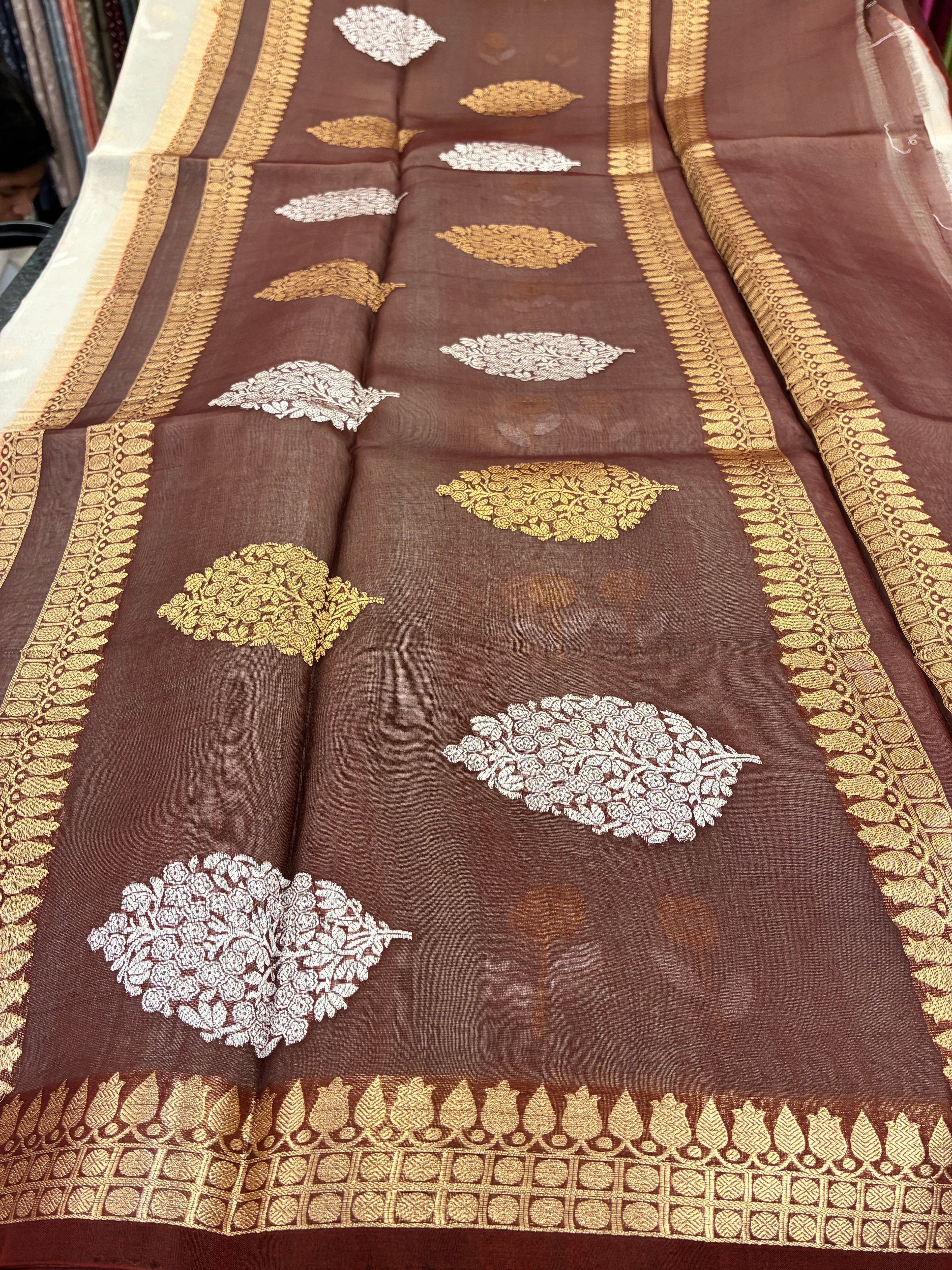 Pure Organza Silk with Contrast border and Pallu - Off white and Brown