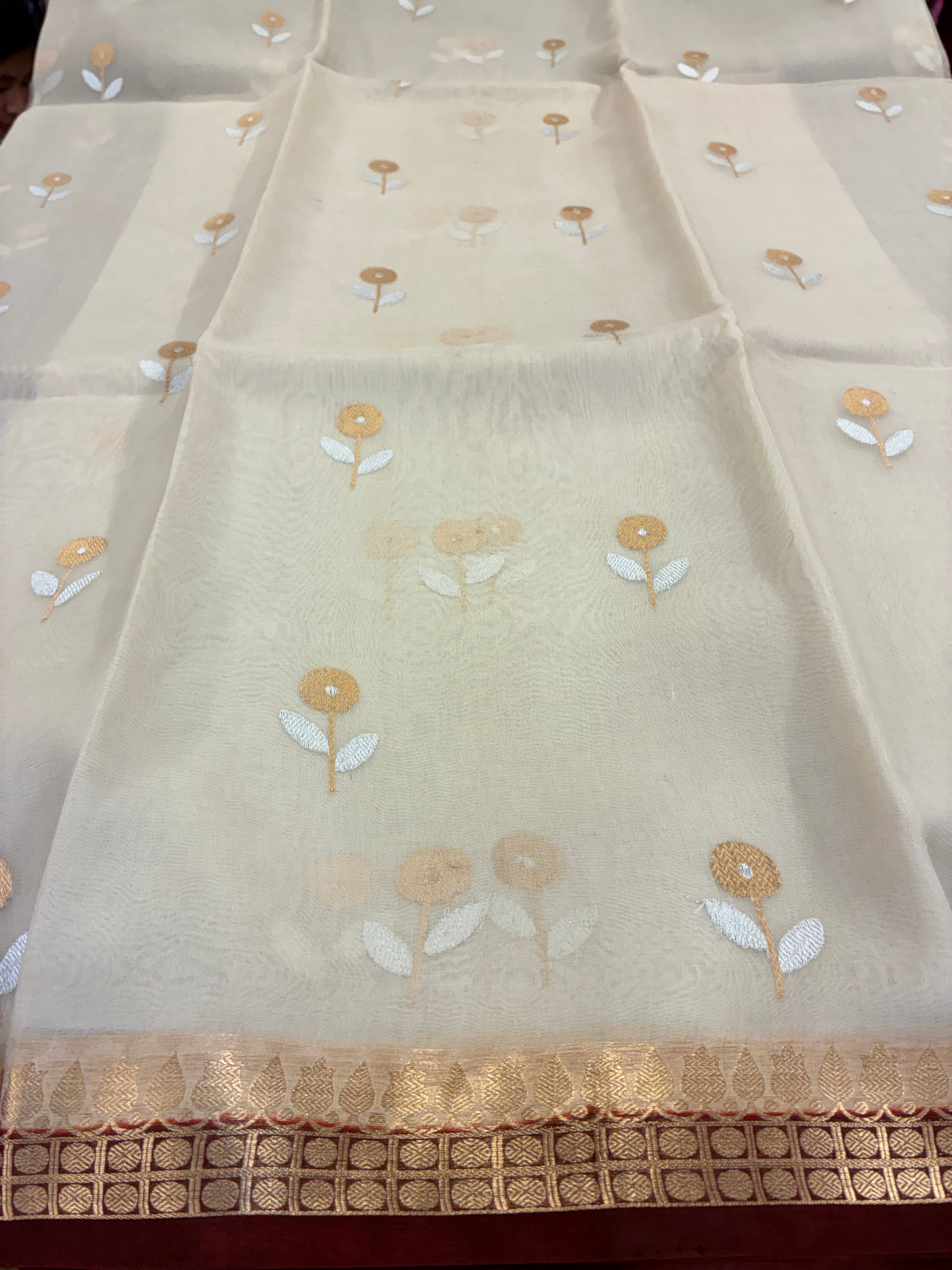Pure Organza Silk with Contrast border and Pallu - Off white and Brown