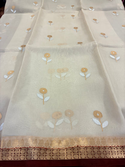 Pure Organza Silk with Contrast border and Pallu - Off white and Brown