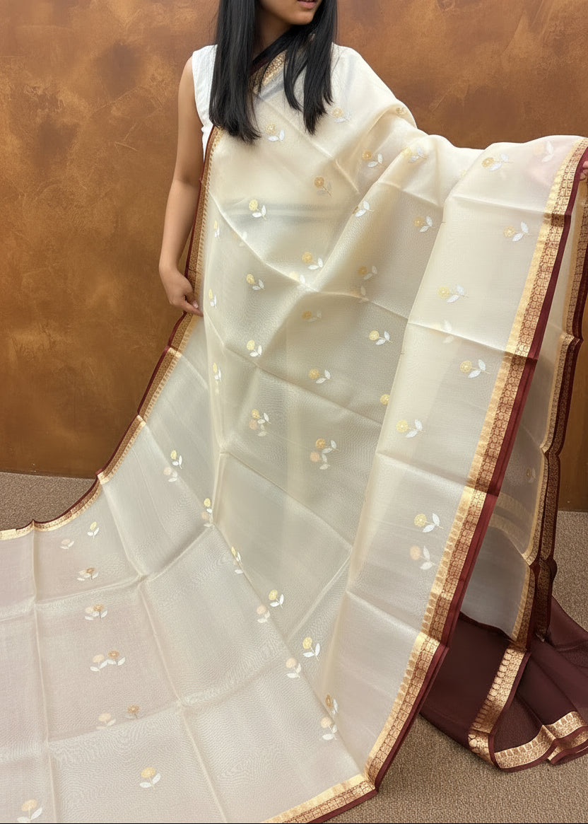 Pure Organza Silk with Contrast border and Pallu - Off white and Brown