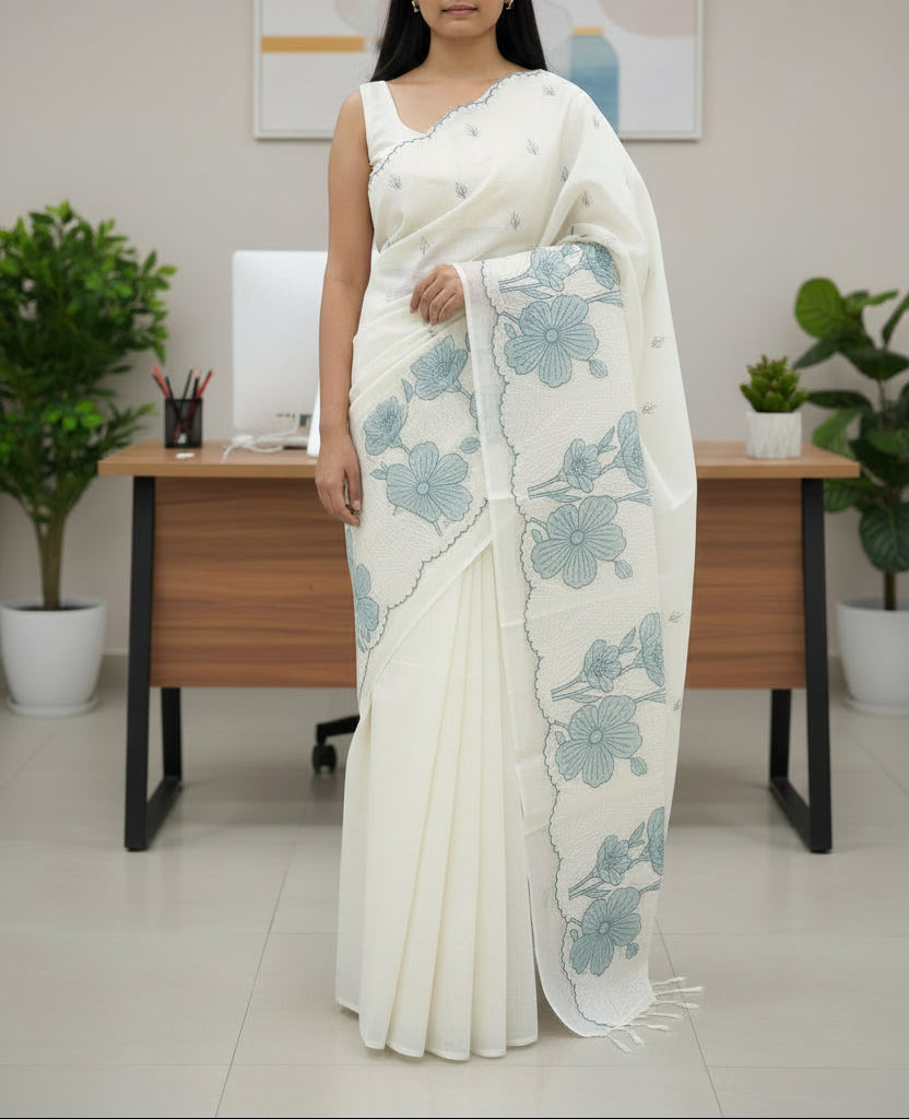 Soft Kota Floral appliqué and embroidery saree - Off white and grey