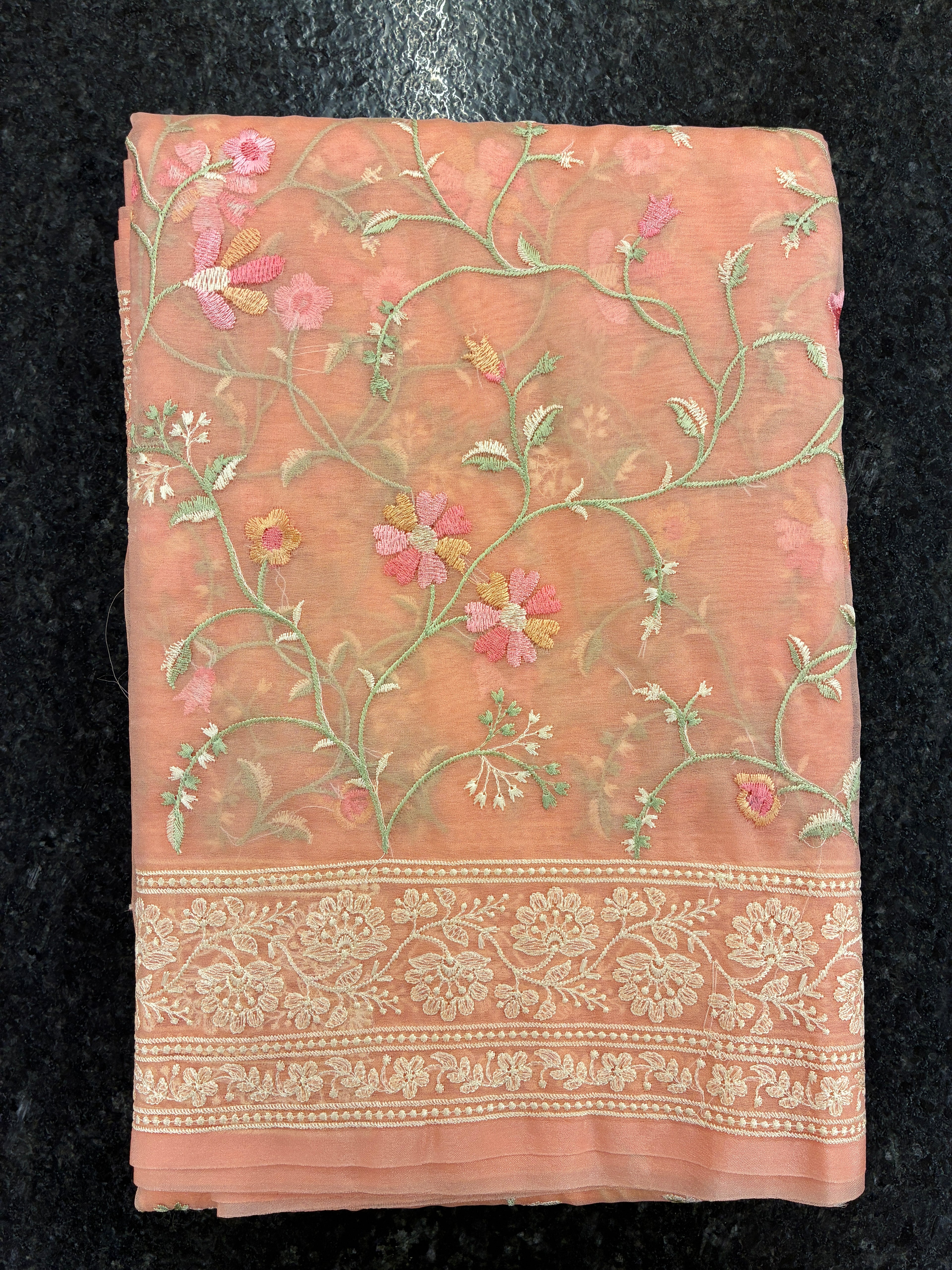 Organza Floral rich embroidery Saree - Peach