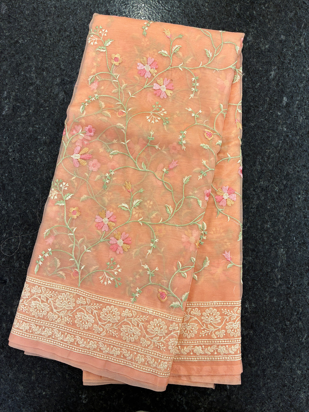 Organza Floral rich embroidery Saree - Peach